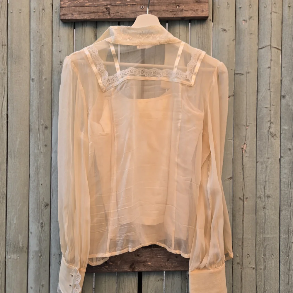 Alice + Olivia Sheer Silk Lace Blouse – Vintage,  Ivory, Large - Picture 3 of 9